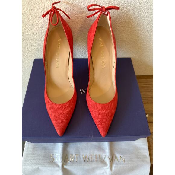 Stuart Weitzman Peekabow Red Embossed Lizard Leather Pumps Size 7M - Picture 2 of 3